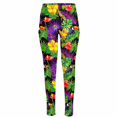 Dark Hawaiian Tropical Pattern Print High-Waisted Pocket Leggings