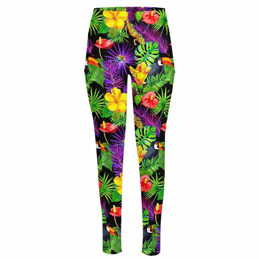 Dark Hawaiian Tropical Pattern Print High-Waisted Pocket Leggings