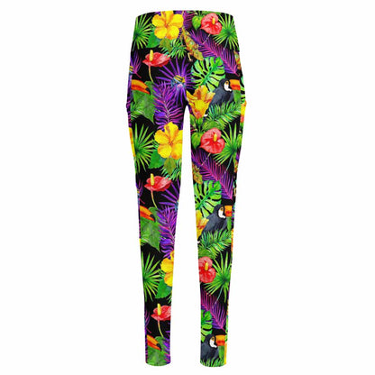 Dark Hawaiian Tropical Pattern Print High-Waisted Pocket Leggings