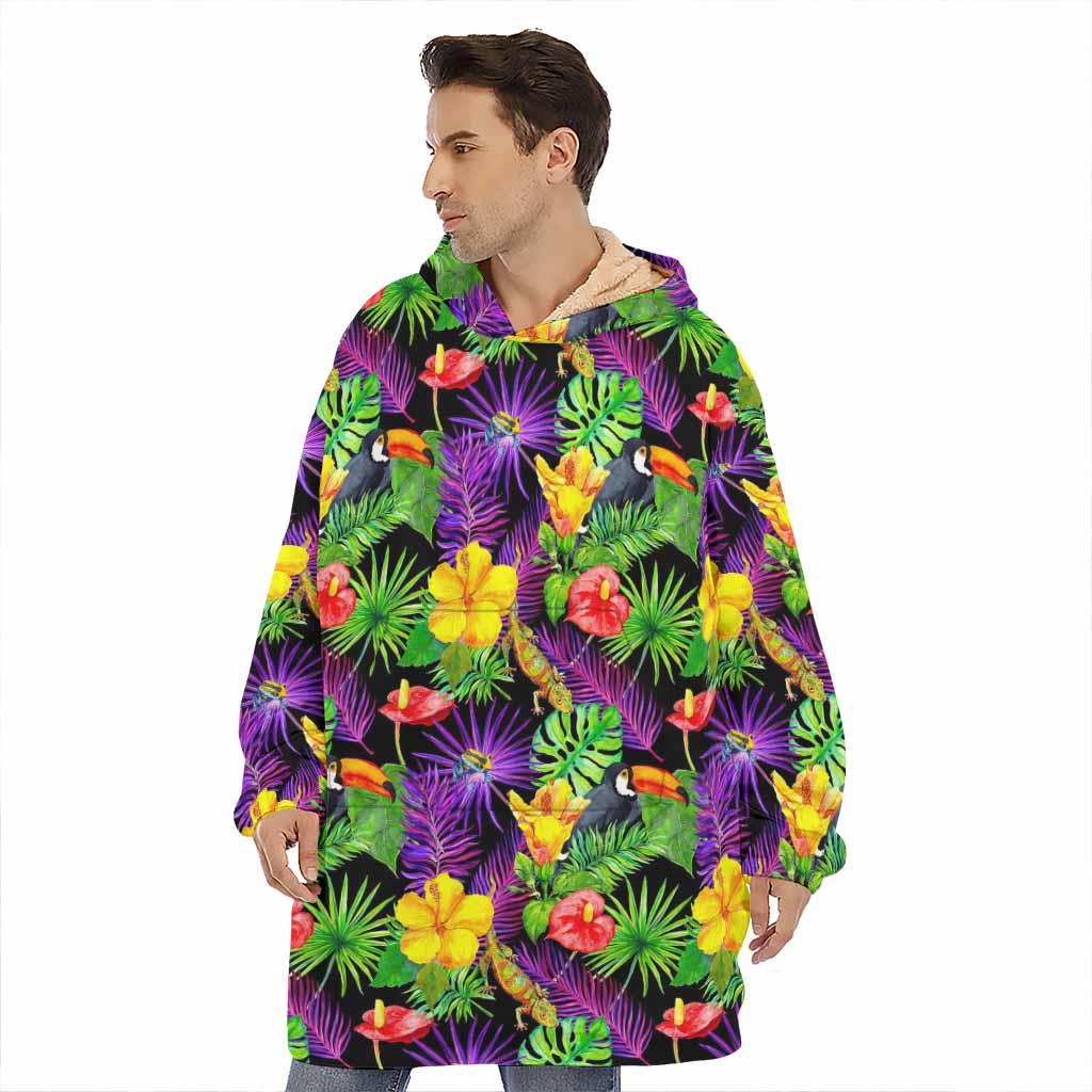 Dark Hawaiian Tropical Pattern Print Hoodie Blanket