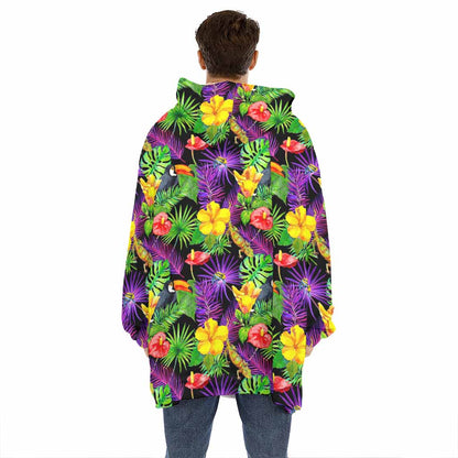 Dark Hawaiian Tropical Pattern Print Hoodie Blanket