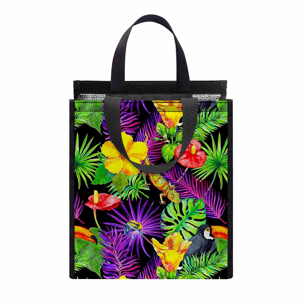 Dark Hawaiian Tropical Pattern Print Insulated Lunch Tote