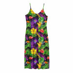 Dark Hawaiian Tropical Pattern Print Jersey Midi Cami Dress