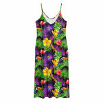 Dark Hawaiian Tropical Pattern Print Jersey Midi Cami Dress