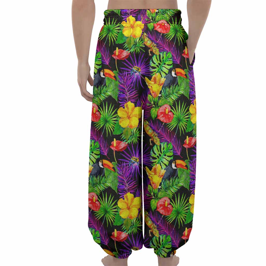 Dark Hawaiian Tropical Pattern Print Lantern Pants