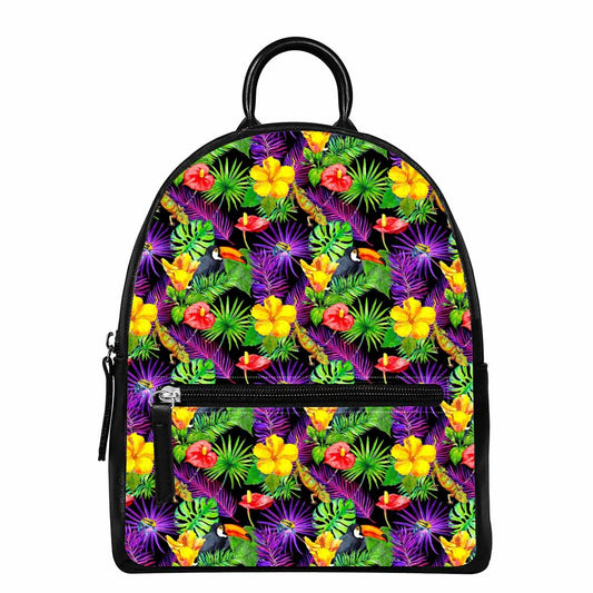 Dark Hawaiian Tropical Pattern Print Leather Backpack