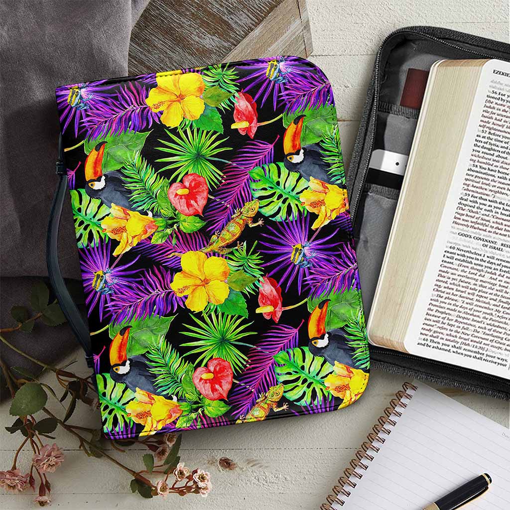 Dark Hawaiian Tropical Pattern Print Leather Bible Cover