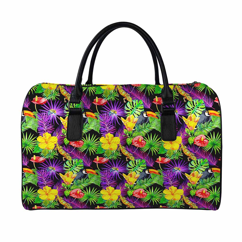 Dark Hawaiian Tropical Pattern Print Leather Duffle Bag