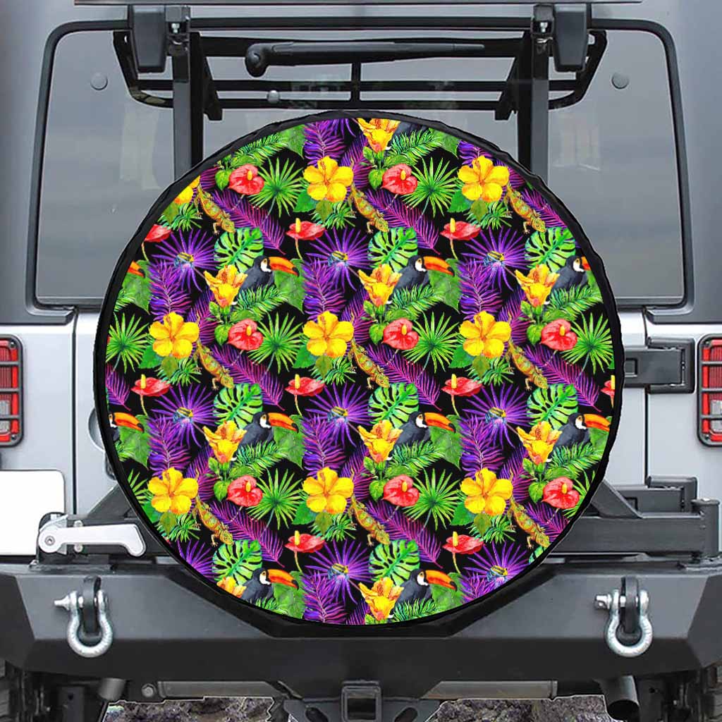 Dark Hawaiian Tropical Pattern Print Leather Spare Tire Cover