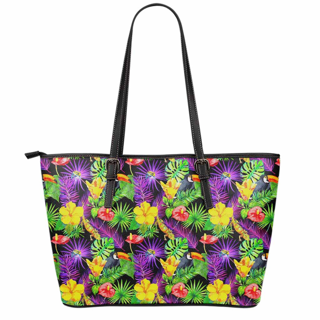 Dark Hawaiian Tropical Pattern Print Leather Tote Bag