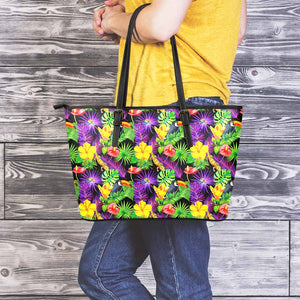 Dark Hawaiian Tropical Pattern Print Leather Tote Bag