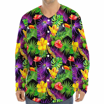 Dark Hawaiian Tropical Pattern Print Long Sleeve Baseball Jersey