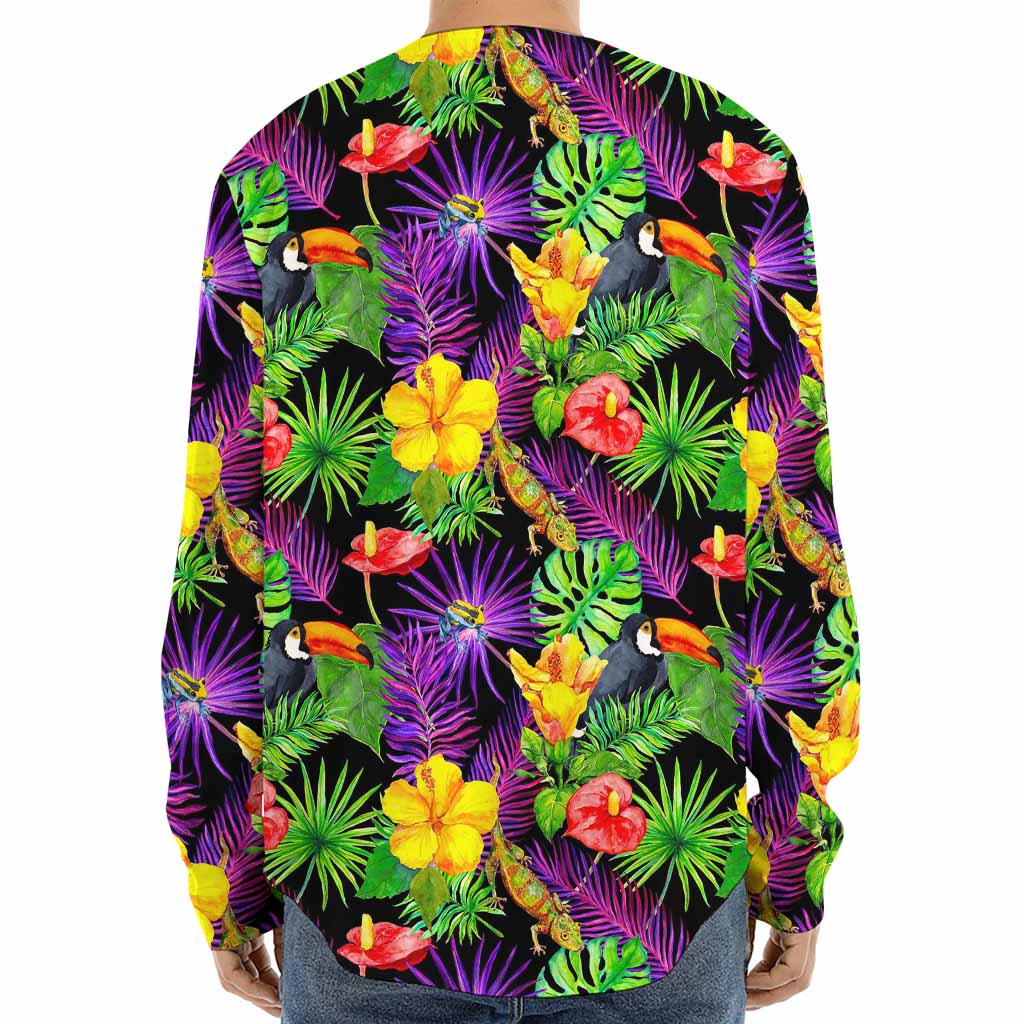 Dark Hawaiian Tropical Pattern Print Long Sleeve Baseball Jersey