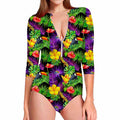 Dark Hawaiian Tropical Pattern Print Long Sleeve Swimsuit