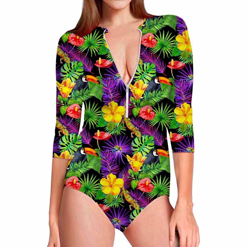 Dark Hawaiian Tropical Pattern Print Long Sleeve Swimsuit