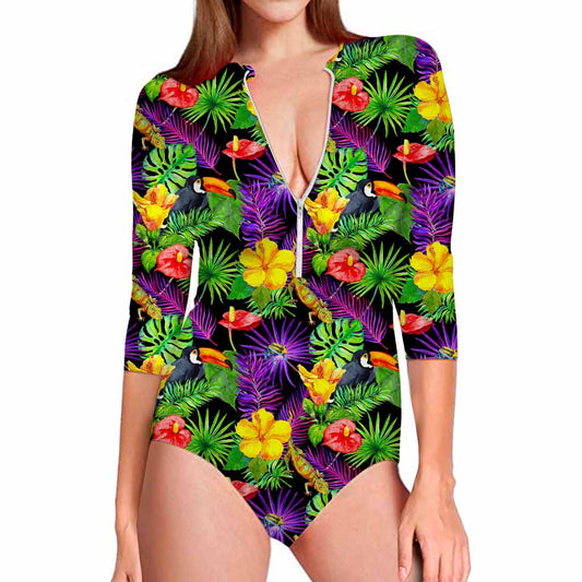 Dark Hawaiian Tropical Pattern Print Long Sleeve Swimsuit