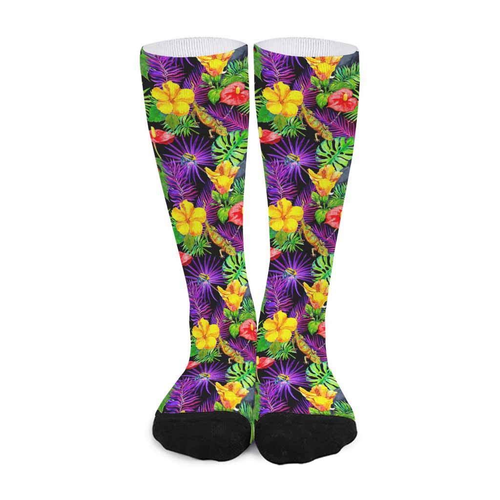 Dark Hawaiian Tropical Pattern Print Long Socks