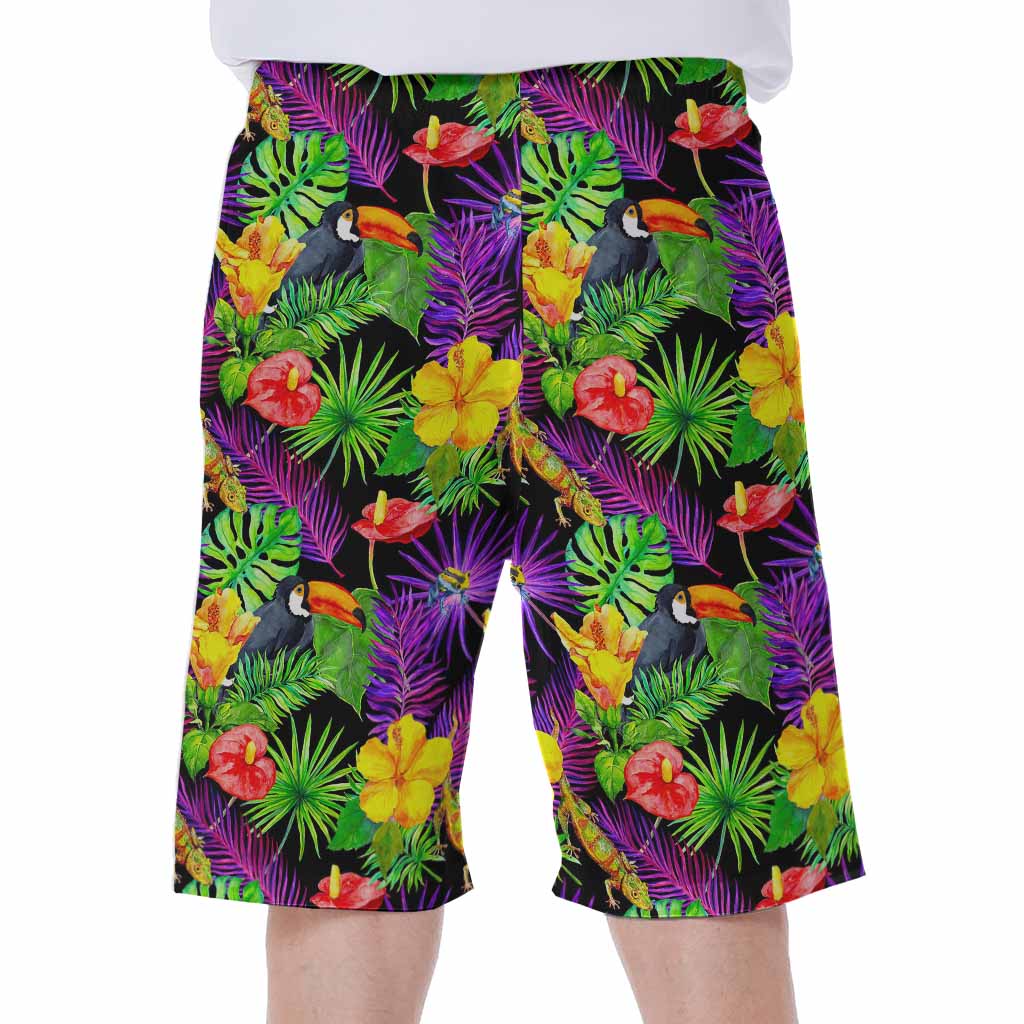 Dark Hawaiian Tropical Pattern Print Men's Beach Shorts