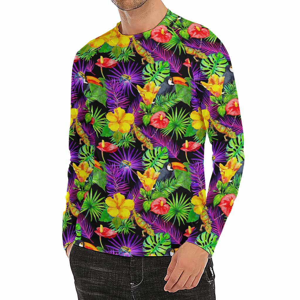 Dark Hawaiian Tropical Pattern Print Men's Long Sleeve Rash Guard