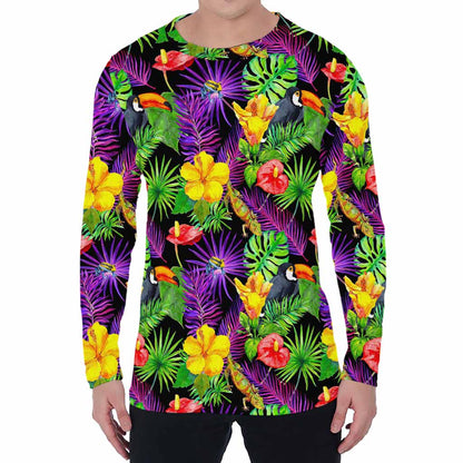 Dark Hawaiian Tropical Pattern Print Men's Long Sleeve T-Shirt