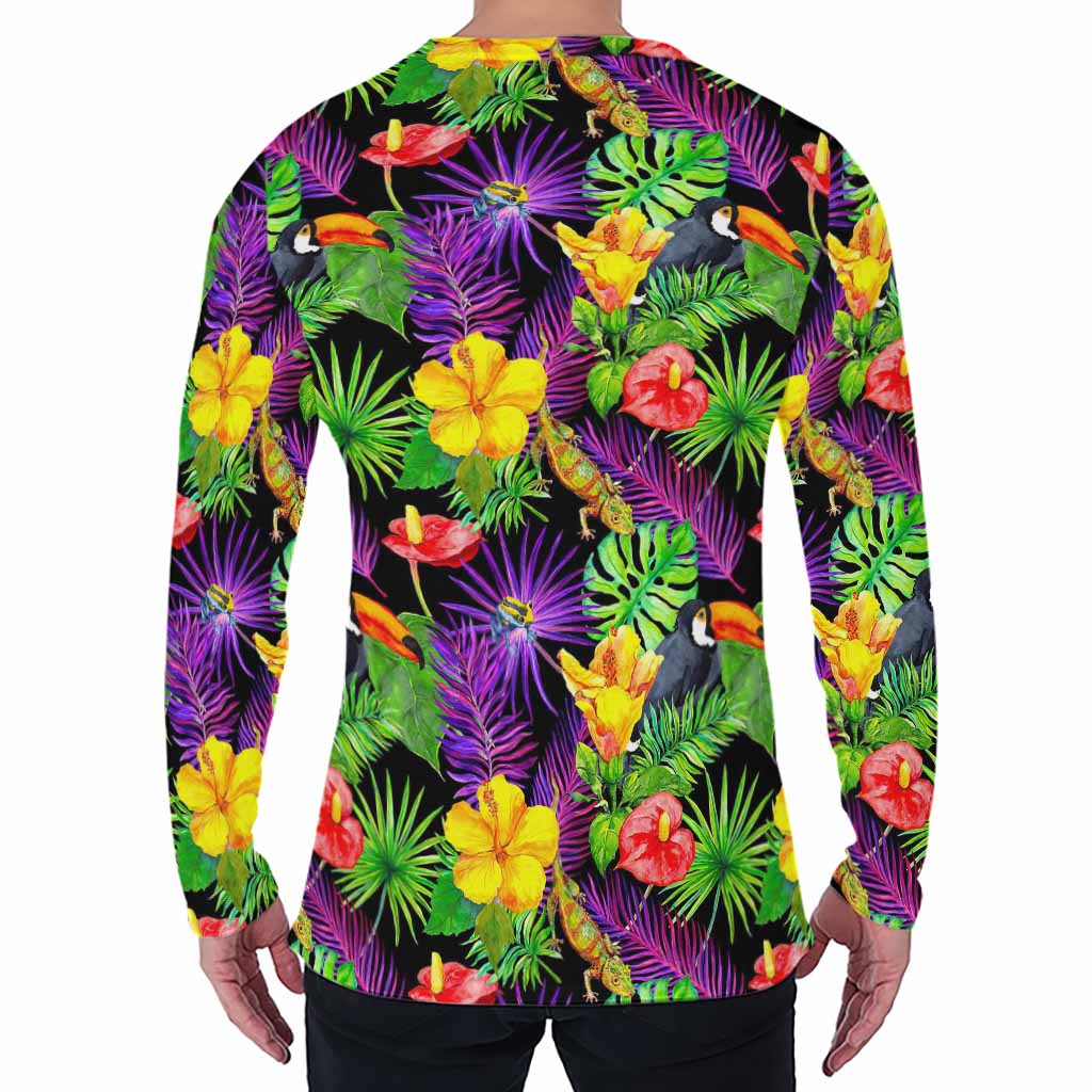Dark Hawaiian Tropical Pattern Print Men's Long Sleeve T-Shirt
