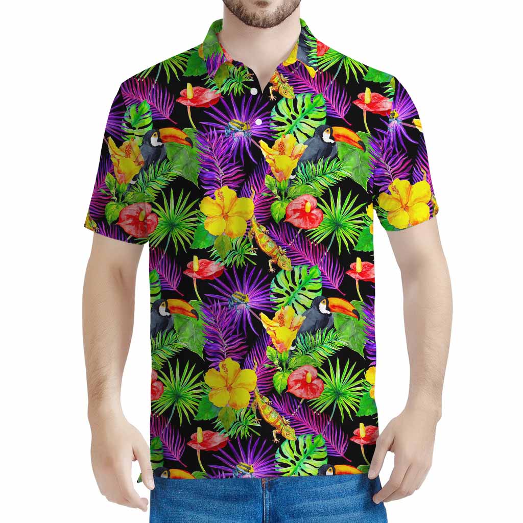 Dark Hawaiian Tropical Pattern Print Men's Polo Shirt