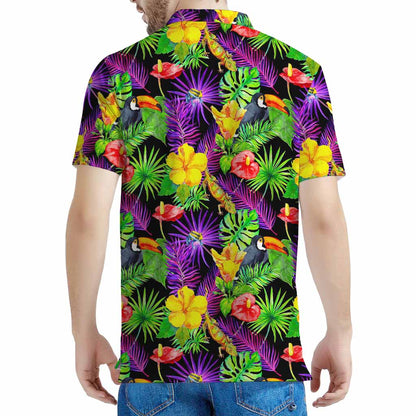 Dark Hawaiian Tropical Pattern Print Men's Polo Shirt