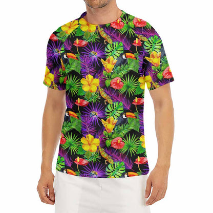 Dark Hawaiian Tropical Pattern Print Men's Short Sleeve Rash Guard