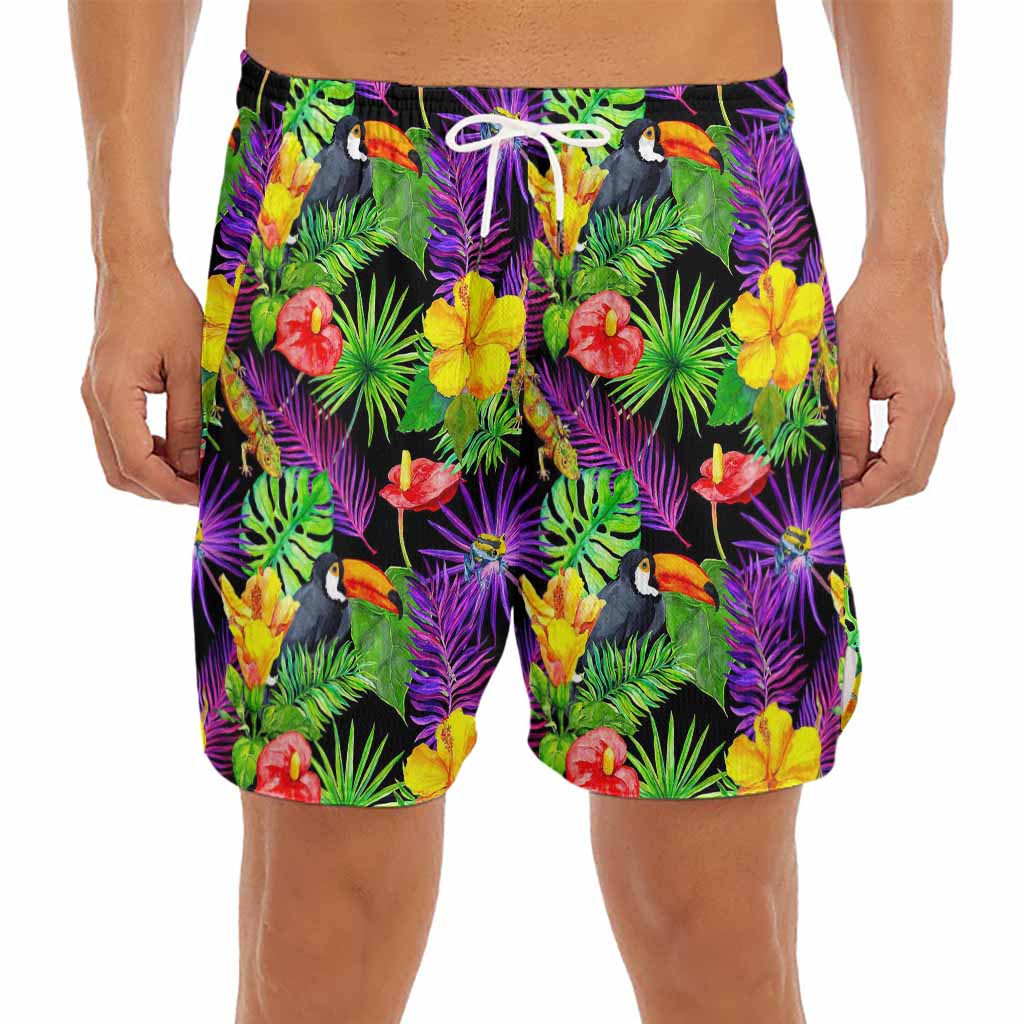 Dark Hawaiian Tropical Pattern Print Men's Split Running Shorts