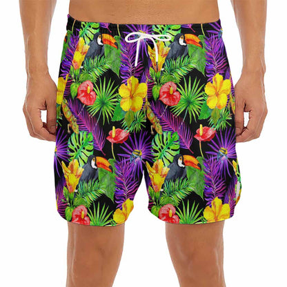 Dark Hawaiian Tropical Pattern Print Men's Split Running Shorts