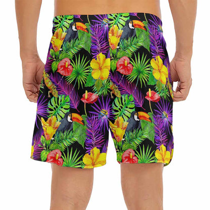 Dark Hawaiian Tropical Pattern Print Men's Split Running Shorts