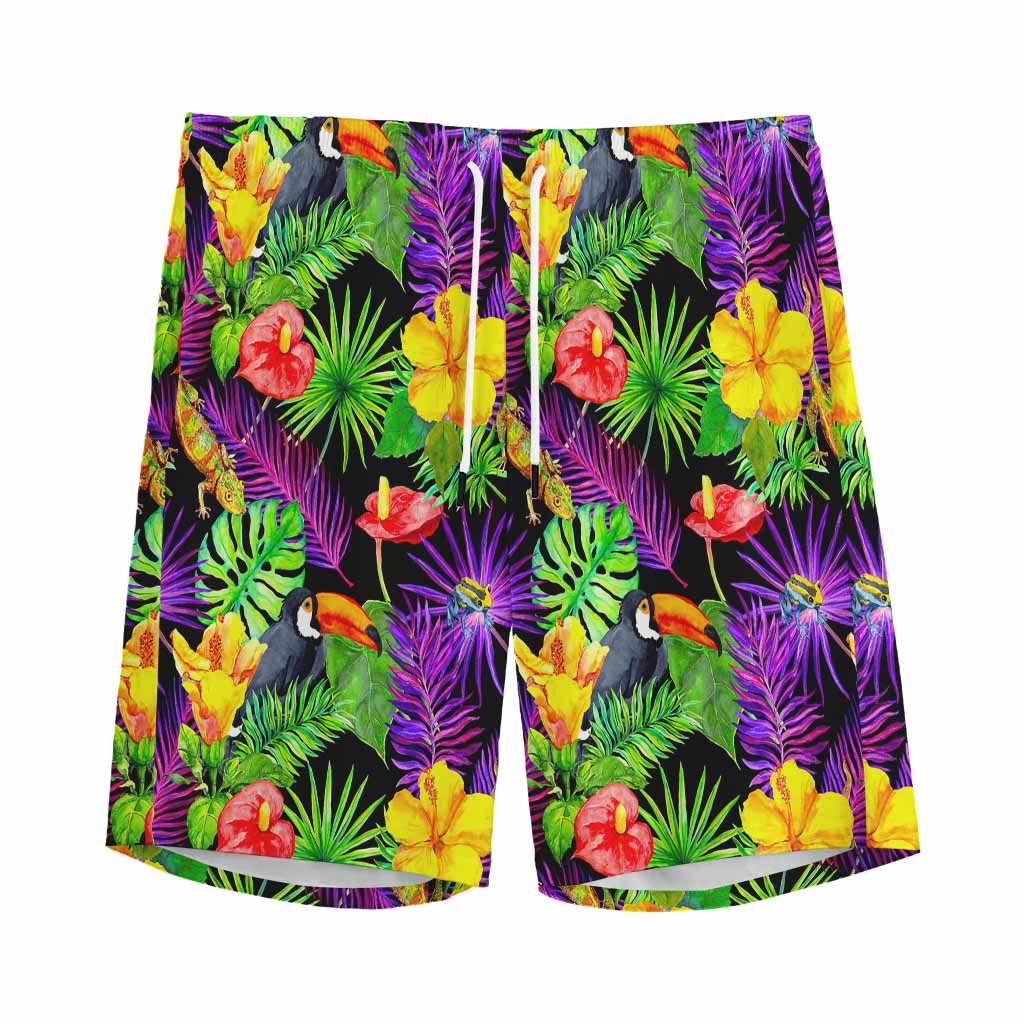 Dark Hawaiian Tropical Pattern Print Men's Sports Shorts
