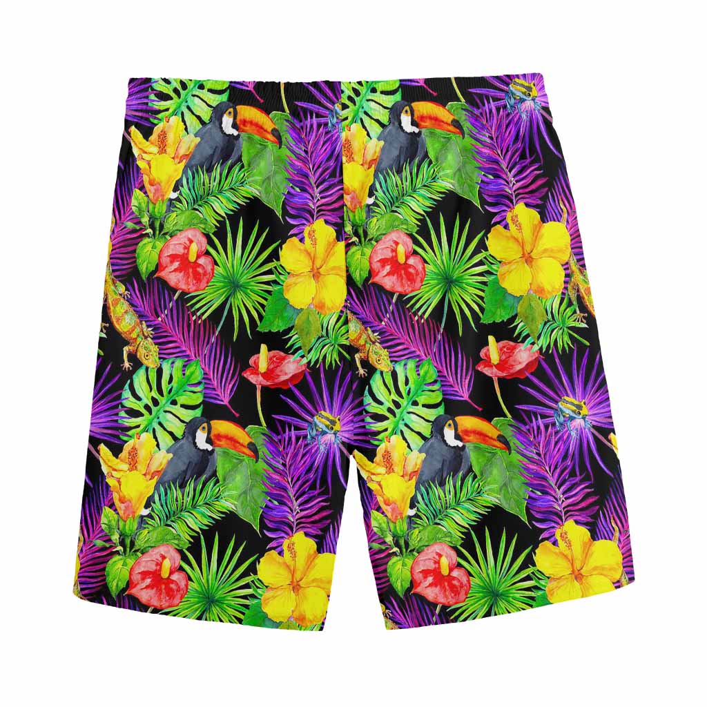 Dark Hawaiian Tropical Pattern Print Men's Sports Shorts