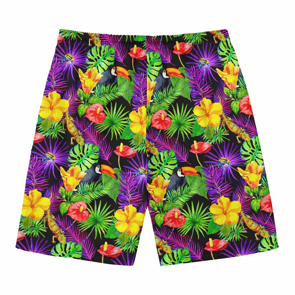 Dark Hawaiian Tropical Pattern Print Men's Swim Trunks