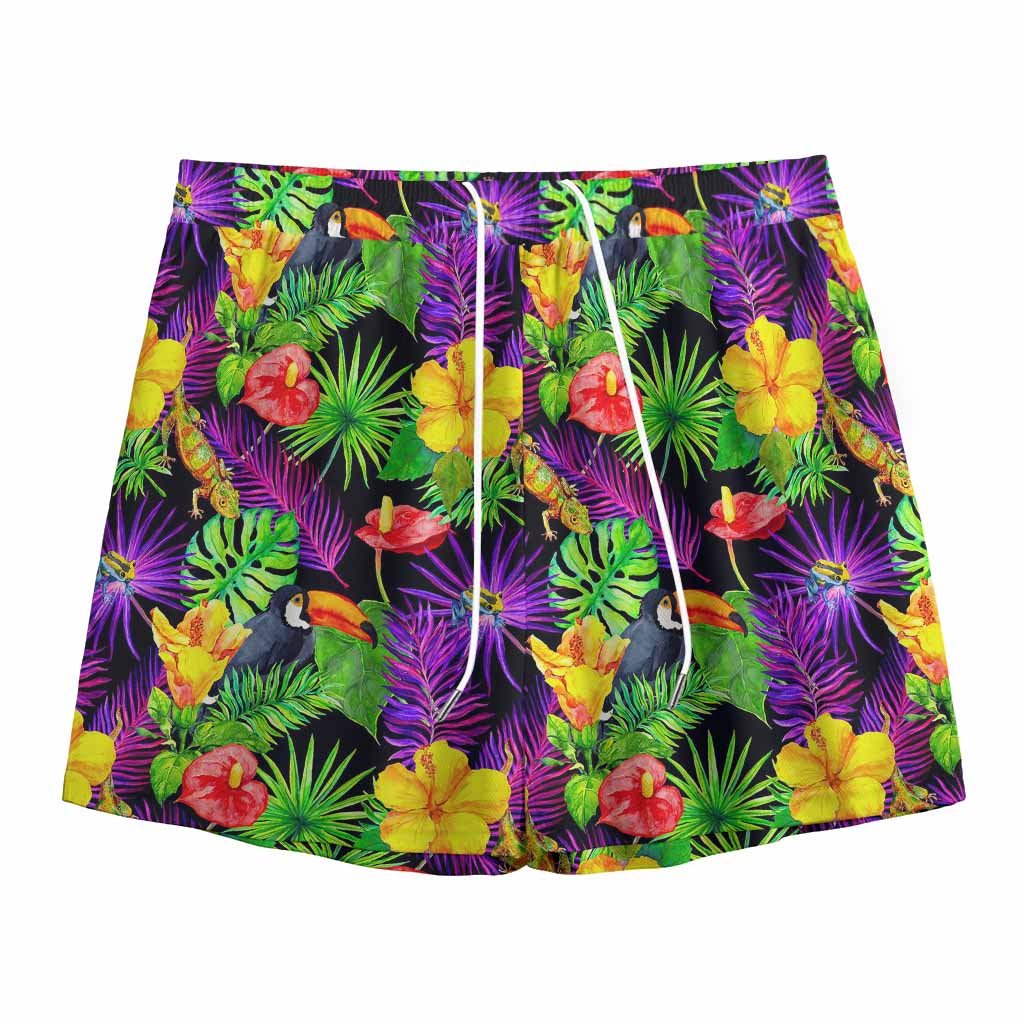 Dark Hawaiian Tropical Pattern Print Mesh Shorts