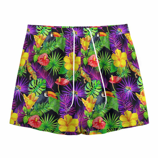 Dark Hawaiian Tropical Pattern Print Mesh Shorts