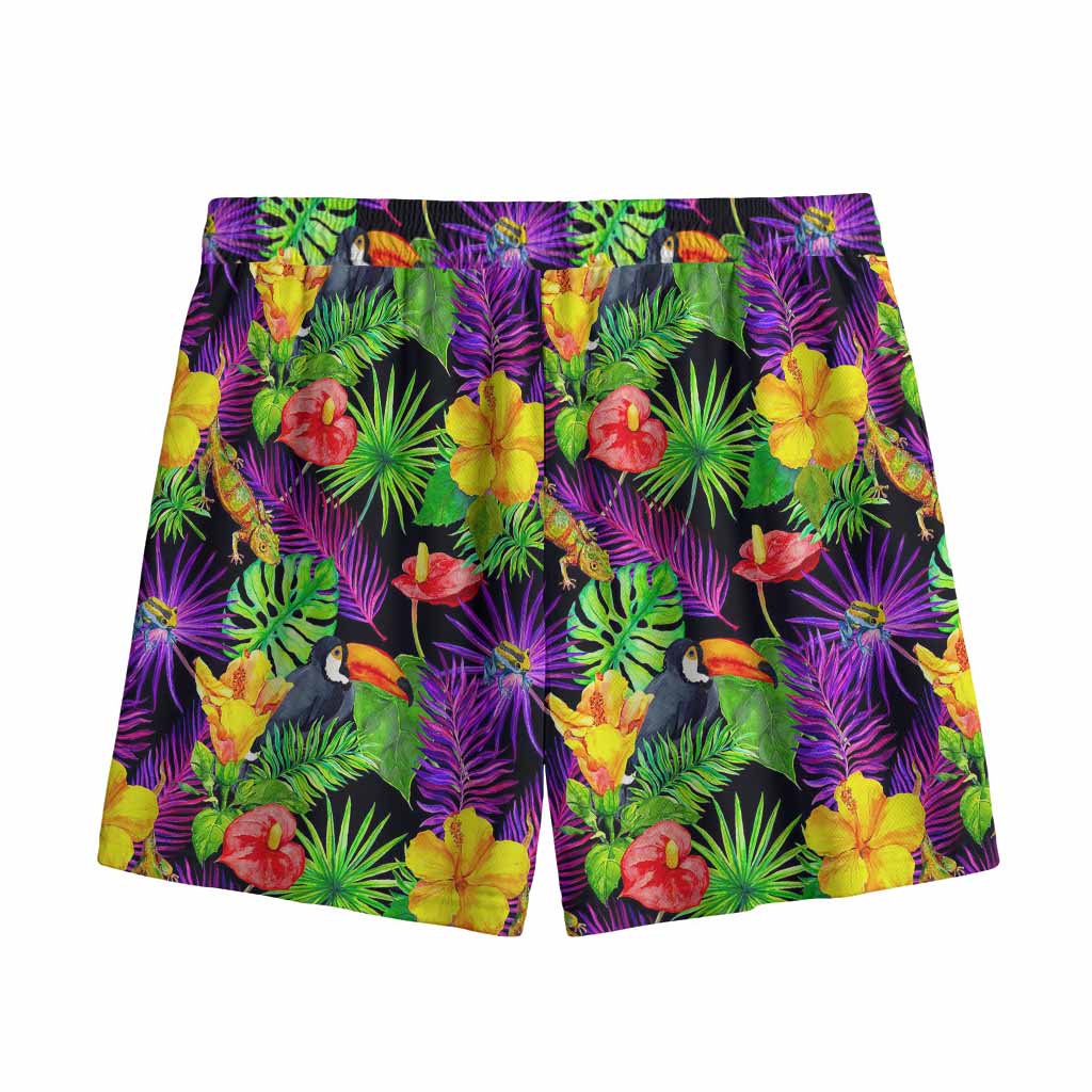 Dark Hawaiian Tropical Pattern Print Mesh Shorts