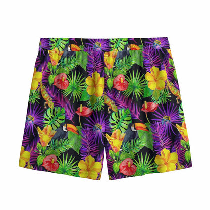 Dark Hawaiian Tropical Pattern Print Mesh Shorts