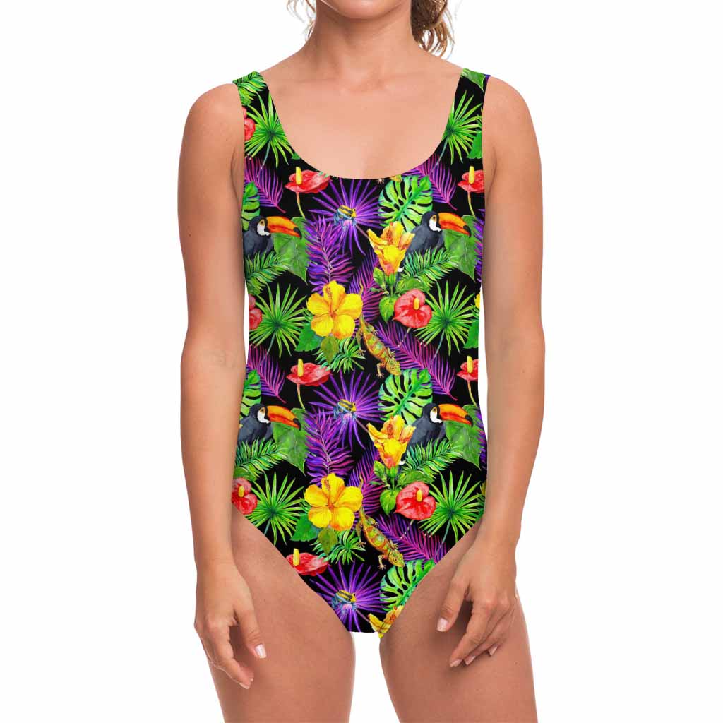 Dark Hawaiian Tropical Pattern Print One Piece Swimsuit