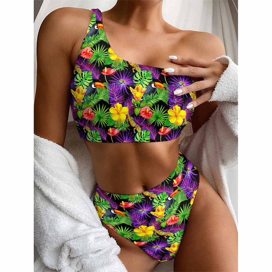 Dark Hawaiian Tropical Pattern Print One Shoulder Bikini Top
