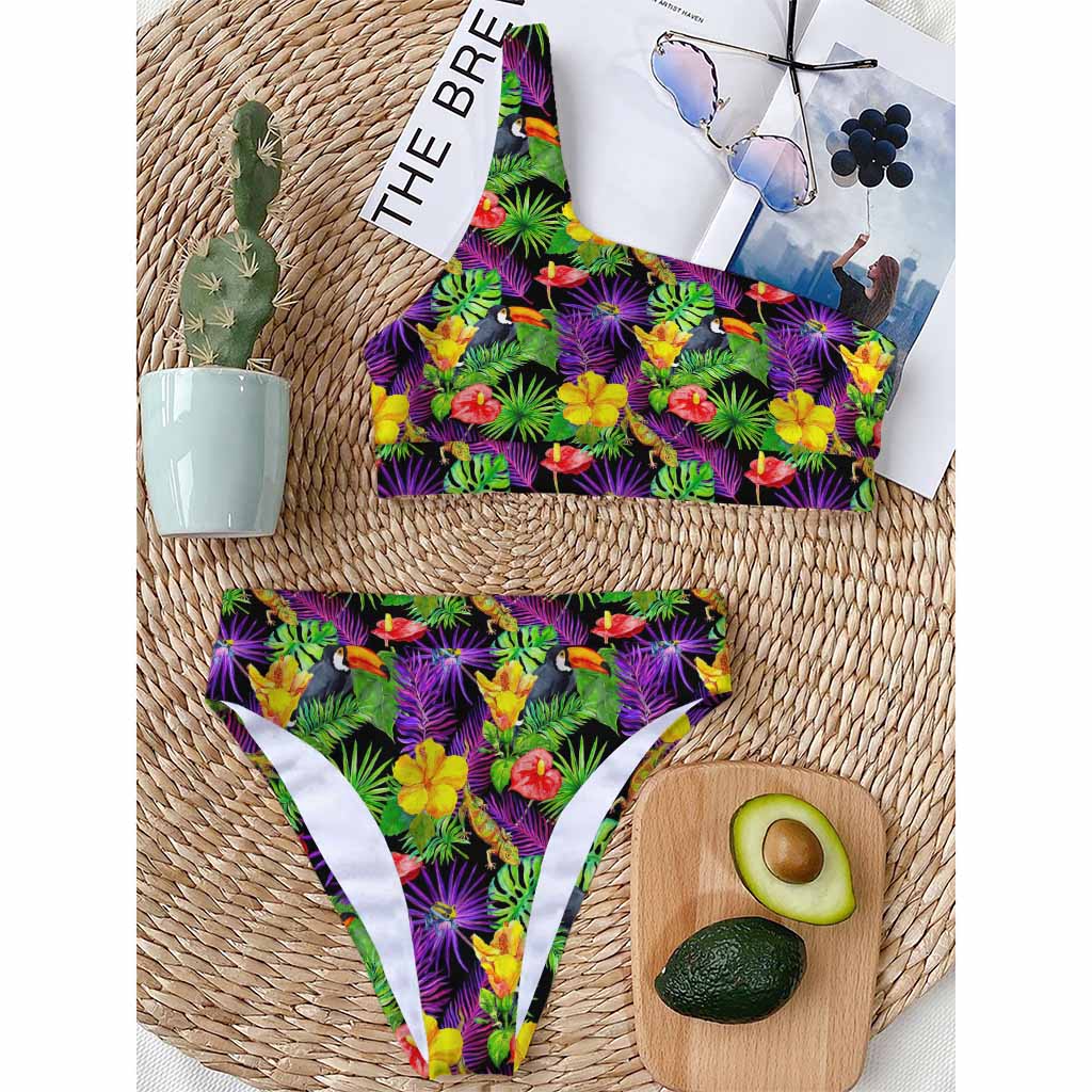 Dark Hawaiian Tropical Pattern Print One Shoulder Bikini Top