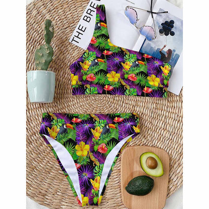 Dark Hawaiian Tropical Pattern Print One Shoulder Bikini Top