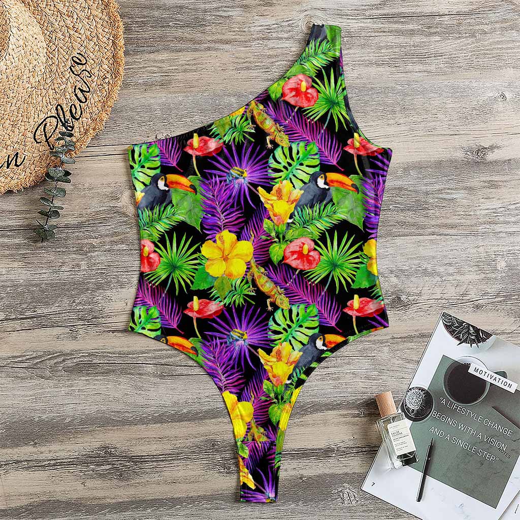 Dark Hawaiian Tropical Pattern Print One Shoulder Bodysuit