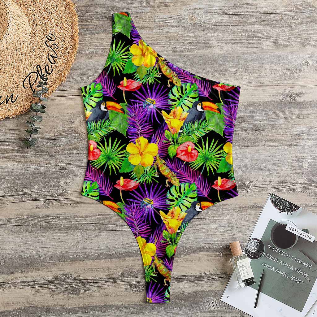 Dark Hawaiian Tropical Pattern Print One Shoulder Bodysuit