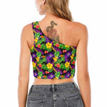 Dark Hawaiian Tropical Pattern Print One Shoulder Crop Top