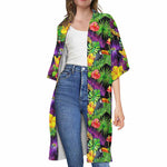 Dark Hawaiian Tropical Pattern Print Open Front Beach Cover Up