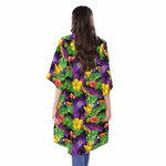Dark Hawaiian Tropical Pattern Print Open Front Beach Cover Up