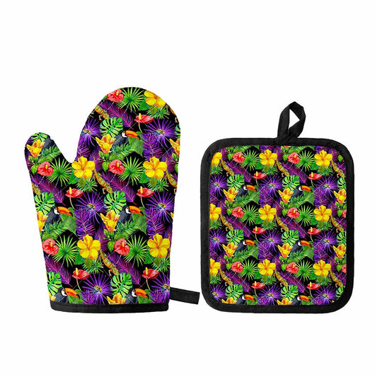 Dark Hawaiian Tropical Pattern Print Oven Mitt And Pot Holder Set