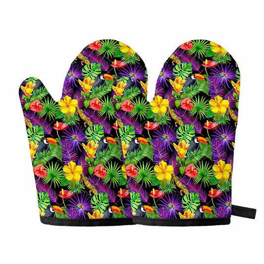 Dark Hawaiian Tropical Pattern Print Oven Mitts