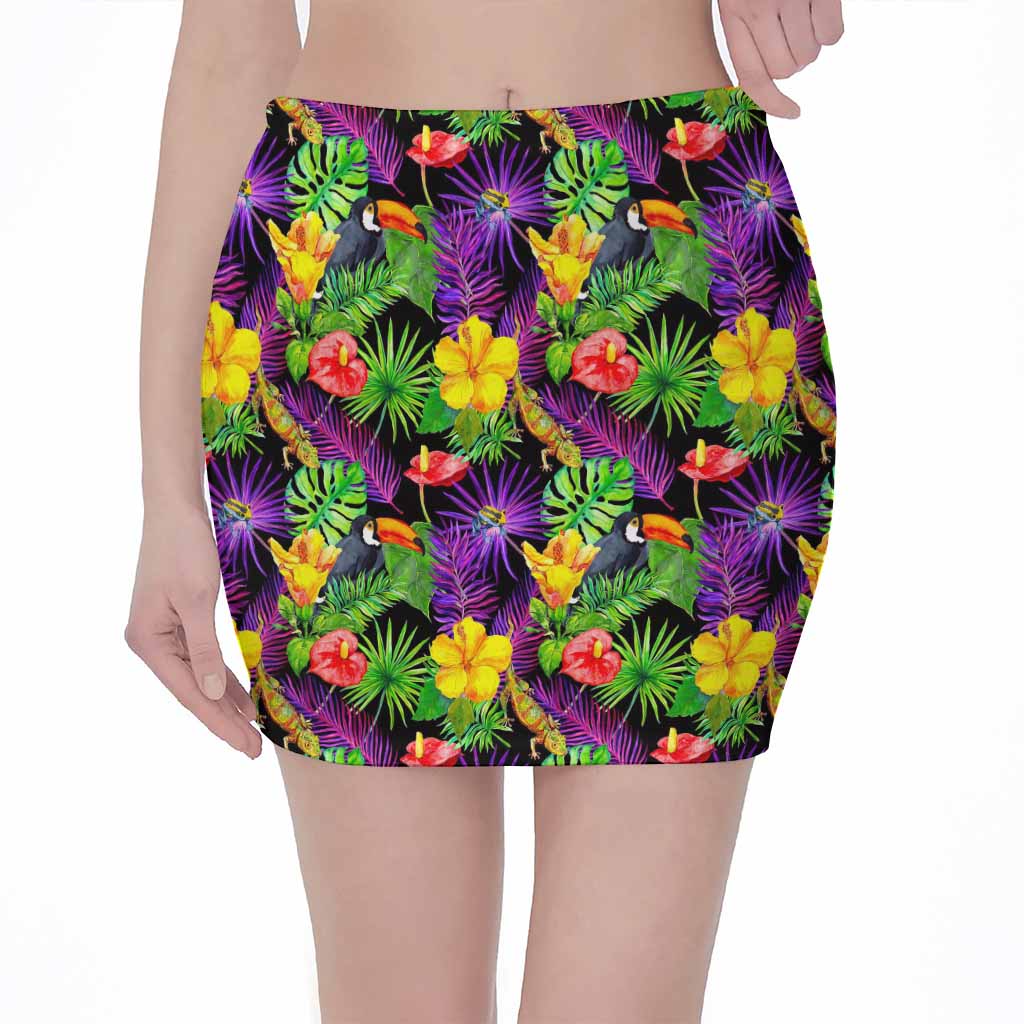 Dark Hawaiian Tropical Pattern Print Pencil Mini Skirt